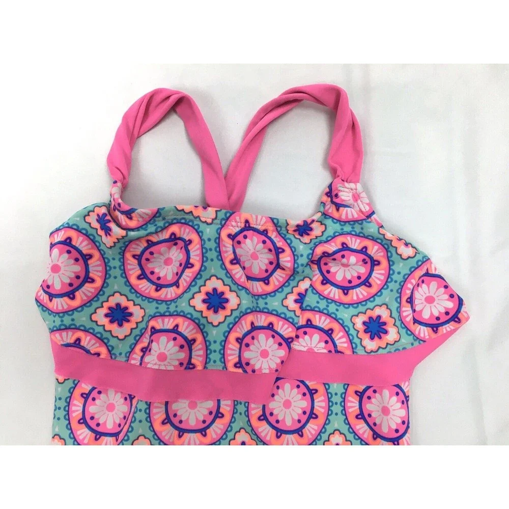 Justice Girl Size 10 Pink Blue One Piece Swimsuit Side Ties Ruffle‎
